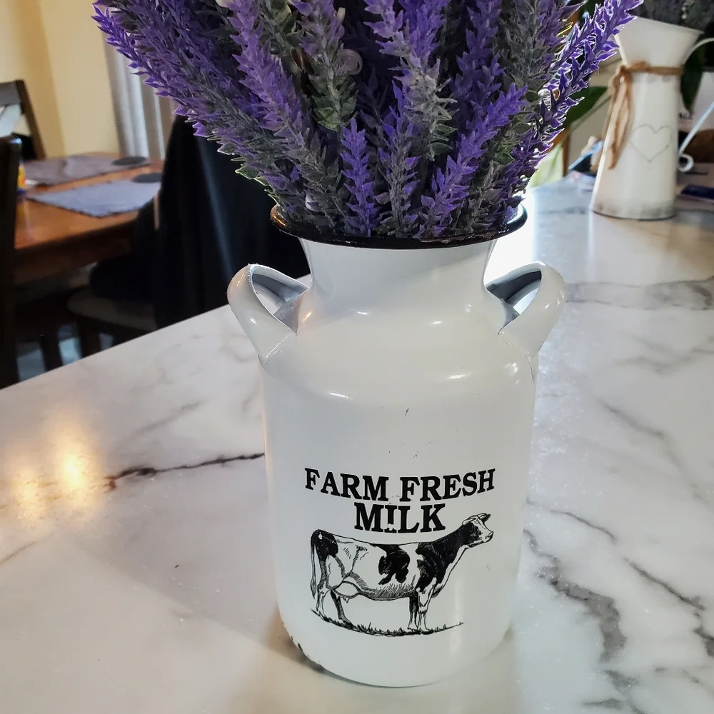 Lavender Artificial Flowers in Milk Jug Metal Vase